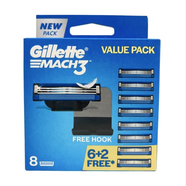 Gillette Mach3 Value Pack – מארז 8 ראשי גילוח + מתלה חינם – שמיניית סכיני גילט מאך 3